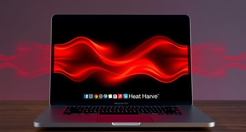 A MacBook Pro with visible heat waves or warning signs on screen while running heavy software like video editing or gaming.