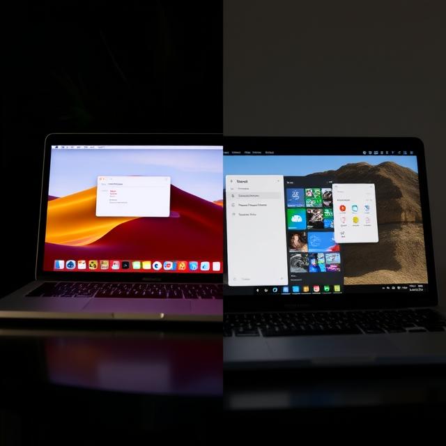 Side-by-side of MacBook vs. Windows laptop, with apps running on one and blocked on the other.