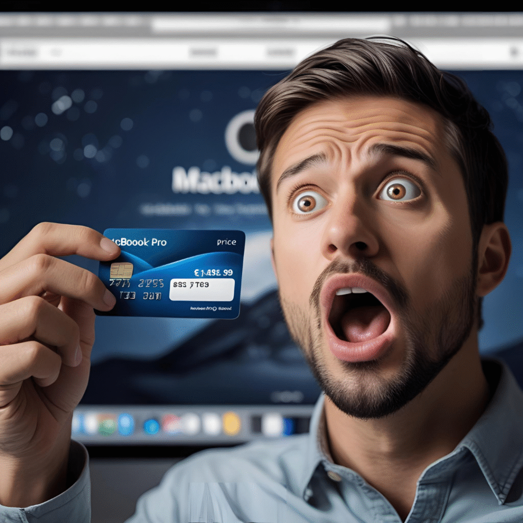 A shocked person holding a credit card and looking at a MacBook Pro price on an Apple website, with a blurred expensive price tag in focus.