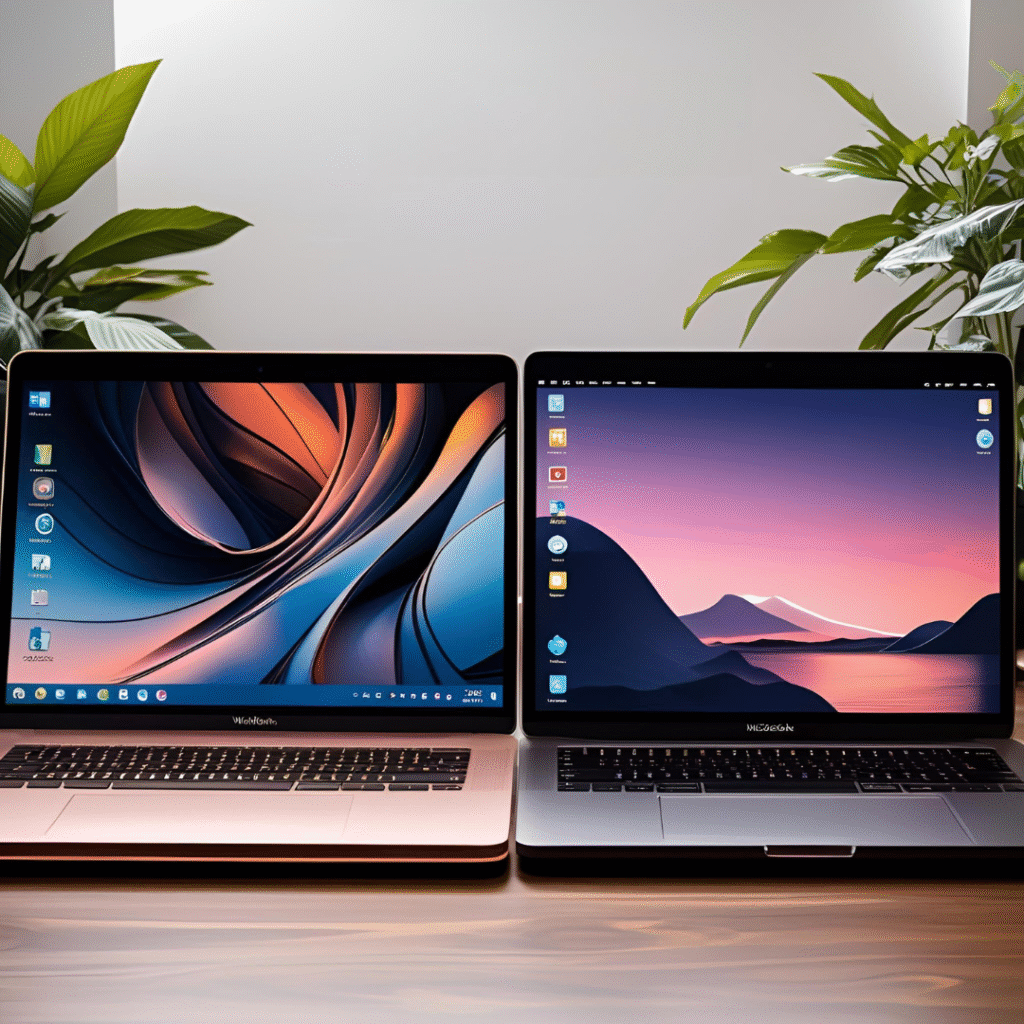 Comparison between open Windows laptop with upgradable parts vs. closed MacBook Pro.