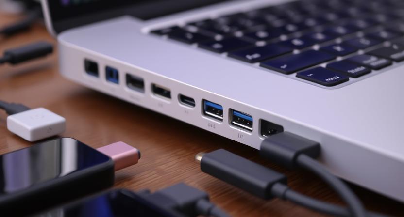 A desk cluttered with dongles and hubs attached to a MacBook Pro, showing port limitations.