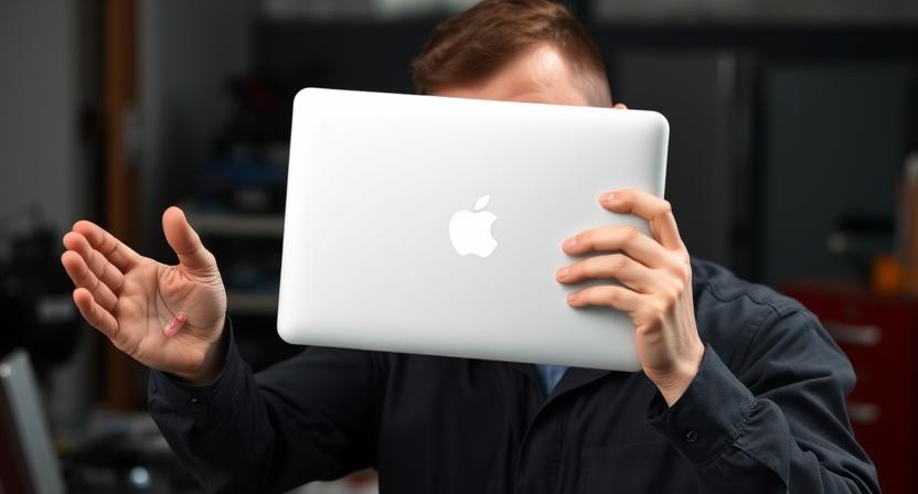 A technician holding a MacBook and shaking their head, symbolizing difficult repair.
